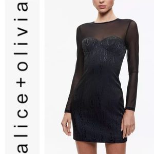 NWT💕Alice + Olivia Takako Mesh Long Sleeve Minidress in Black Size 4